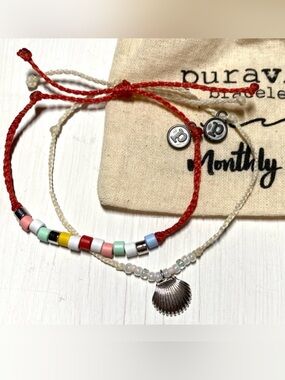 PuraVida Cream Red Cream Beaded Shell String Bracelets Boho Y2K Summer Festival
